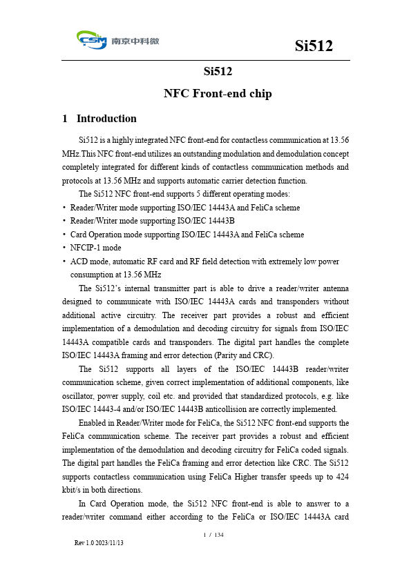 Si512 NFC Front-end chip by ZhongKe Microelectronics - Datasheet Preview