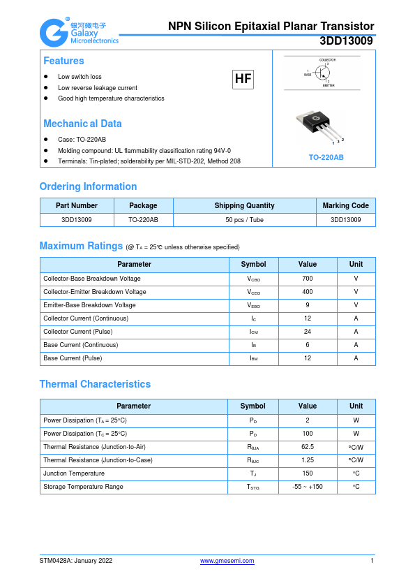 3DD13009 NPN Silicon Epitaxial Planar Transistor by GME - Datasheet Preview