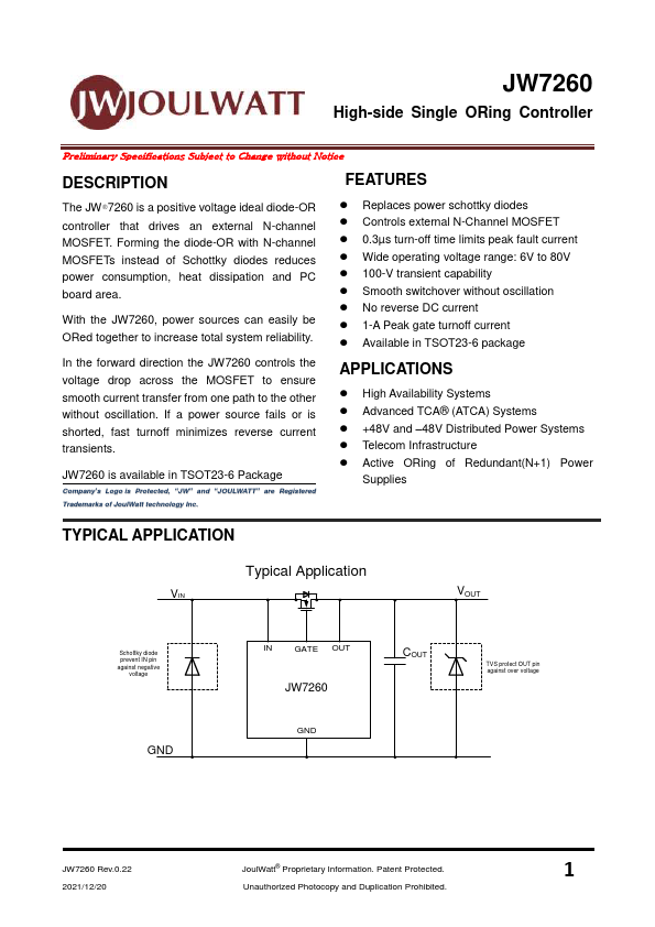 JW7260 High-side Single ORing Controller by JoulWatt - Datasheet Preview