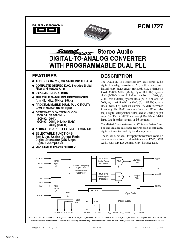 PCM1727 Stereo Audio DIGITAL-TO-ANALOG CONVERTER by Burr-Brown - Datasheet Preview