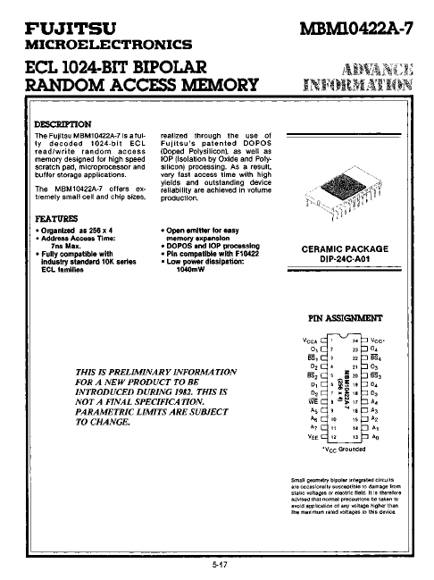 MBM10422A-7 ECL RAM by Fujitsu - Datasheet Preview