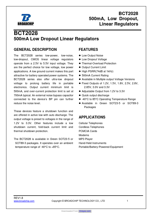 BCT2028 500mA Linear Regulators by BROADCHIP - Datasheet Preview