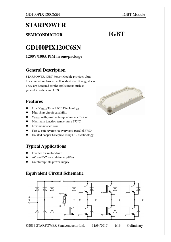 GD100PIX120C6SN IGBT by STARPOWER - Datasheet Preview