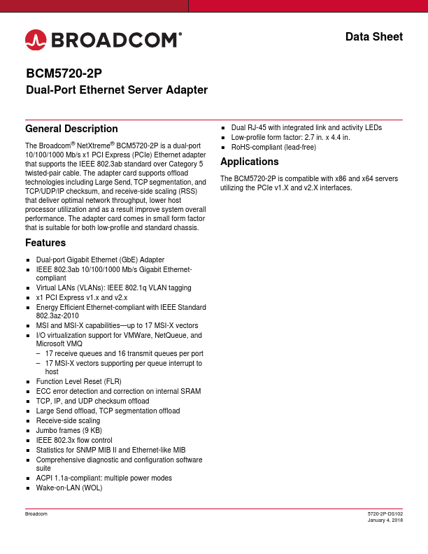 BCM5720-2P Dual-Port Ethernet Server Adapter by Broadcom - Datasheet Preview