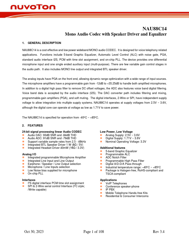 NAU88C14 Mono Audio Codec by nuvoton - Datasheet Preview