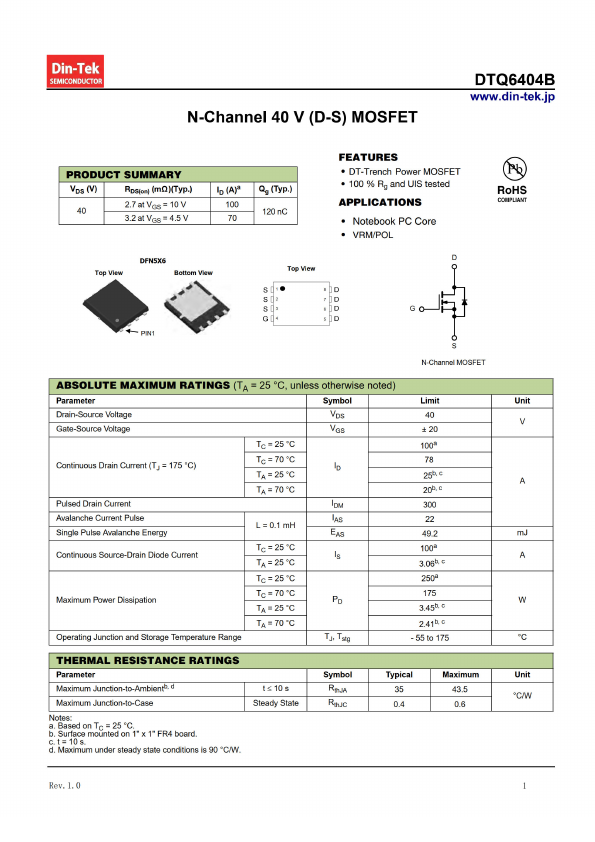 DTQ6404B 40V N-Channel MOSFET by Din-Tek - Datasheet Preview