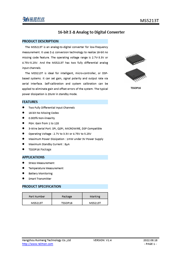 MS5213T 16-bit Analog to Digital Converter by Ruimeng - Datasheet Preview