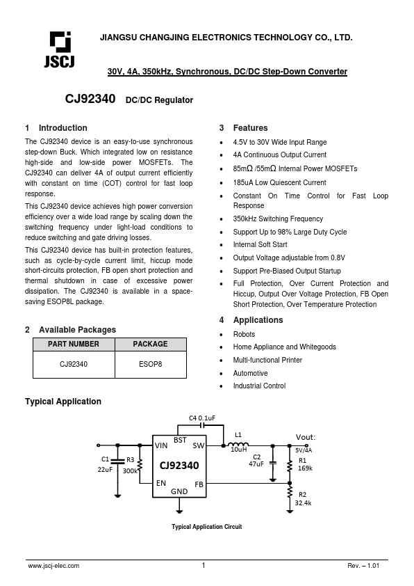 CJ92340 30V 4A 350kHz DC/DC Step-Down Converter by JCET - Datasheet Preview