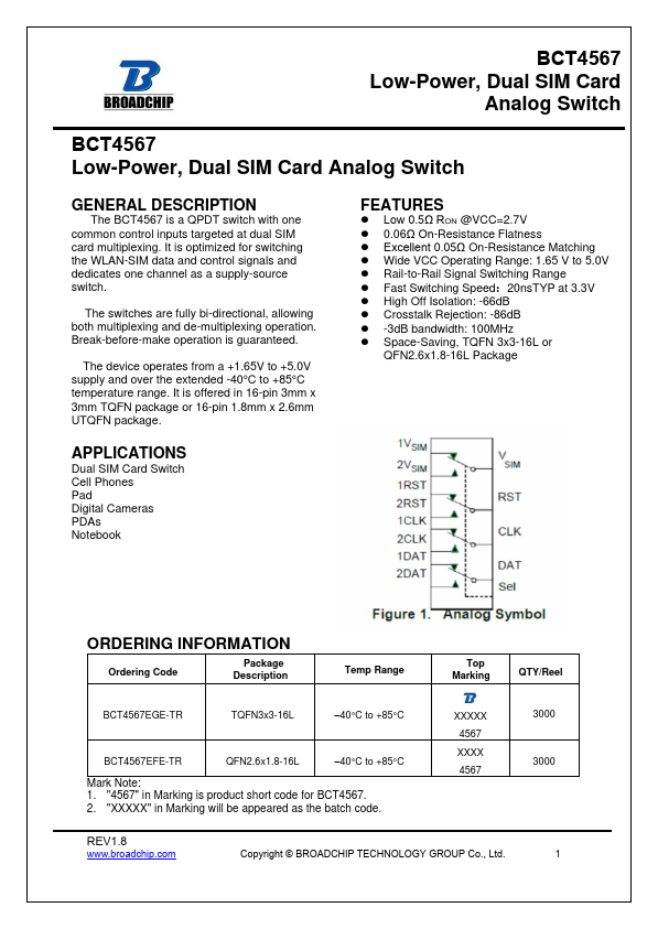 BCT4567 Dual SIM Card Analog Switch by BROADCHIP - Datasheet Preview