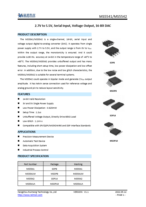 MS5541M 2.7V to 5.5V 16-Bit DAC by Ruimeng - Datasheet Preview