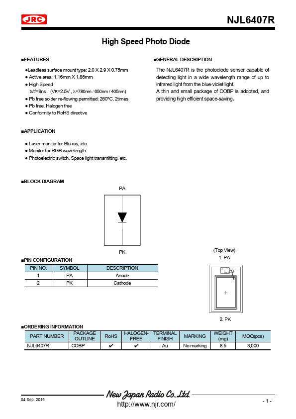 NJL6407R High Speed Photo Diode by New Japan Radio - Datasheet Preview