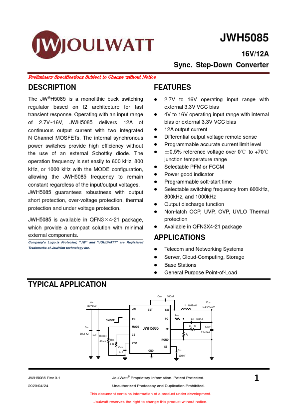 JWH5085 16V/12A Sync. Step-Down Converter by JoulWatt - Datasheet Preview