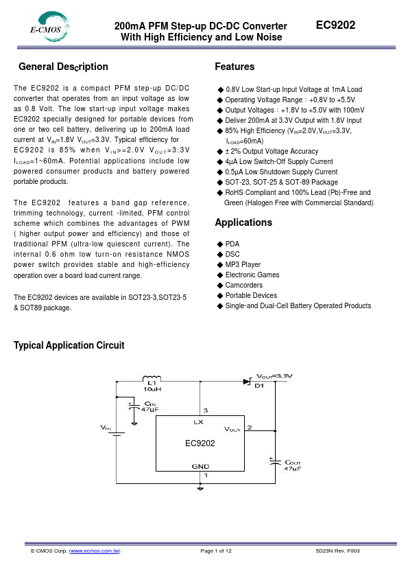 EC9202 200mA PFM Step-up DC-DC Converter by E-CMOS - Datasheet Preview