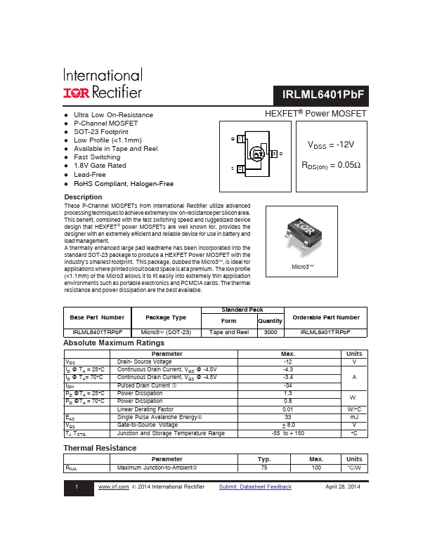 IRLML6401 Datasheet Preview