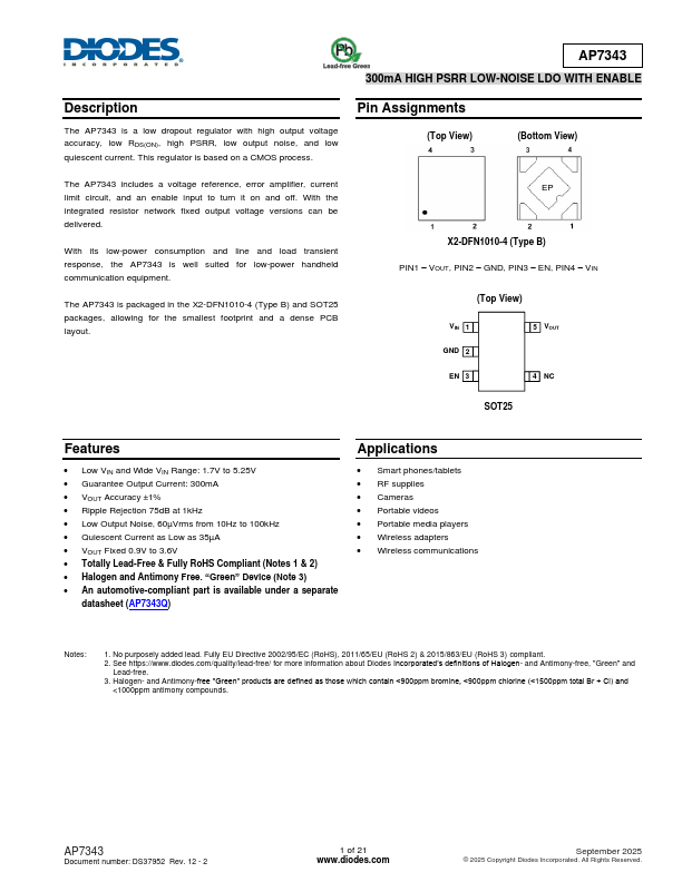 AP7343 300mA HIGH PSRR LOW NOISE LDO by Diodes - Datasheet Preview
