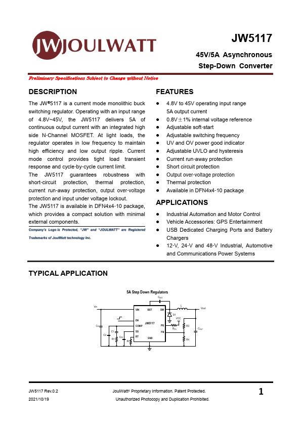 JW5117 45V/5A Asynchronous Step-Down Converter by JoulWatt - Datasheet Preview