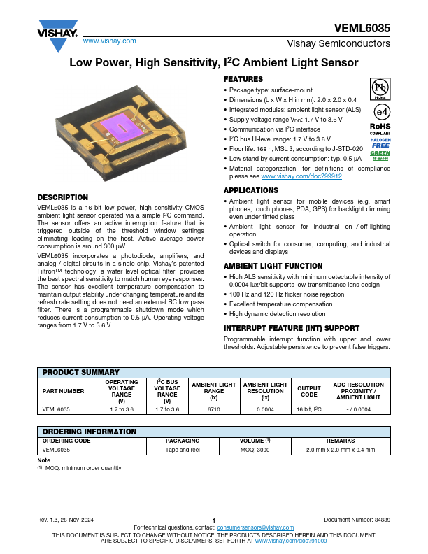 VEML6035 Datasheet Preview