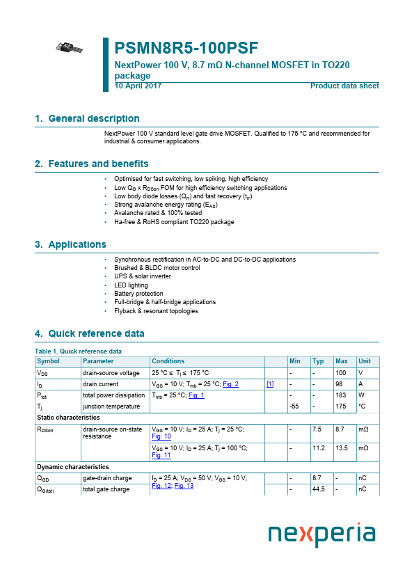 PSMN8R5-100PSF Datasheet Preview