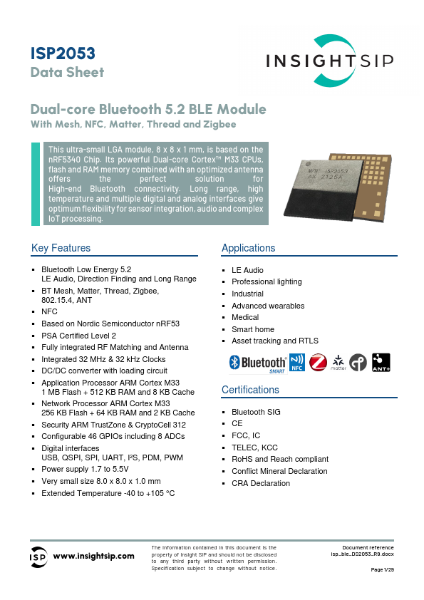 ISP2053 Dual-core Bluetooth 5.2 BLE Module by Insight SiP - Datasheet Preview