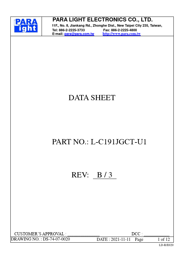 L-C191JGCT-U1 SURFACE MOUNT DEVICE LED by PARA LIGHT - Datasheet Preview