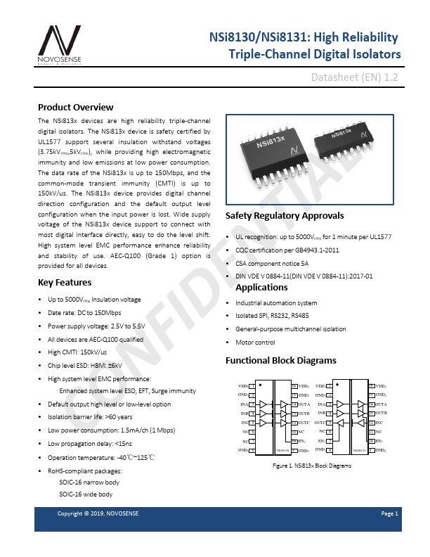 NSi8130 High Reliability Triple-Channel Digital Isolators by NOVOSENSE - Datasheet Preview