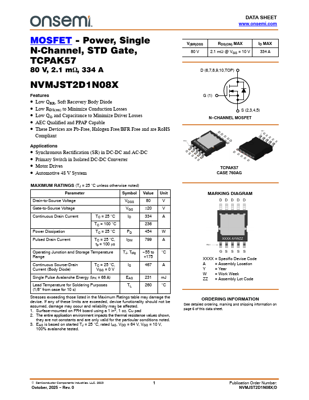 NVMJST2D1N08X 80V 334A N-Channel Power MOSFET by ON Semiconductor - Datasheet Preview