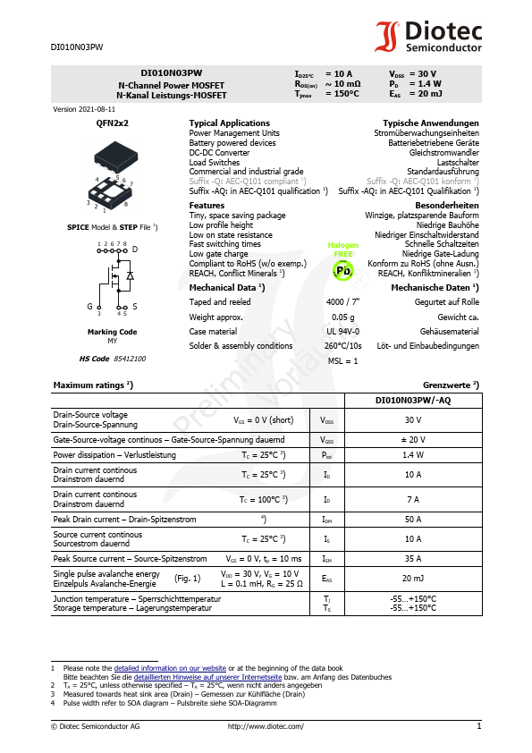 DI010N03PW N-Channel Power MOSFET by Diotec - Datasheet Preview