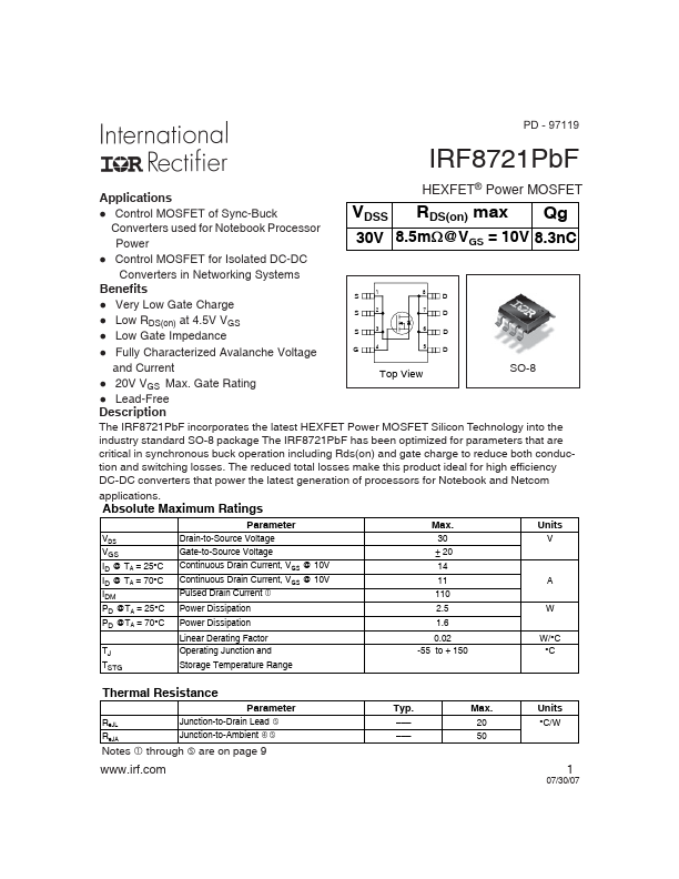 IRF8721PBF Power MOSFET by International Rectifier - Datasheet Preview