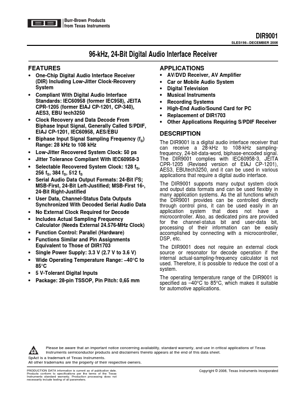 DIR9001 96-kHz 24-Bit Digital Audio Interface Receiver by Burr-Brown - Datasheet Preview