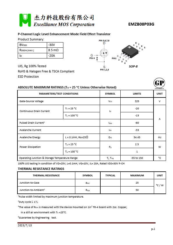 EMZB08P03G P-Channel Logic Level Enhancement Mode Field Effect Transistor by Excelliance MOS - Datasheet Preview
