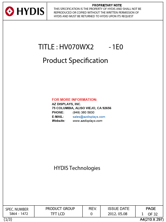 HV070WX2-1E0 Datasheet Preview