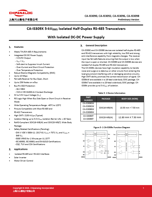 CA-IS3096 Half-Duplex RS-485 Transceivers by Chipanalog - Datasheet Preview