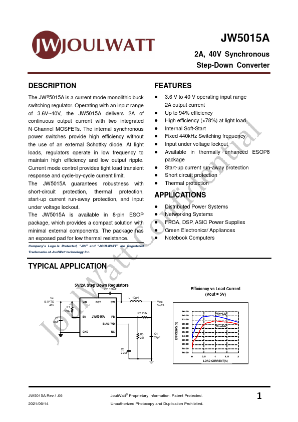 JW5015A 2A 40V Synchronous Step-Down Converter by JoulWatt - Datasheet Preview