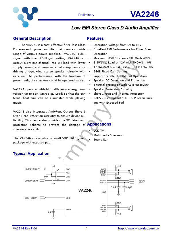 VA2246 Low EMI Stereo Class D Audio Amplifier by Viva Electronics - Datasheet Preview