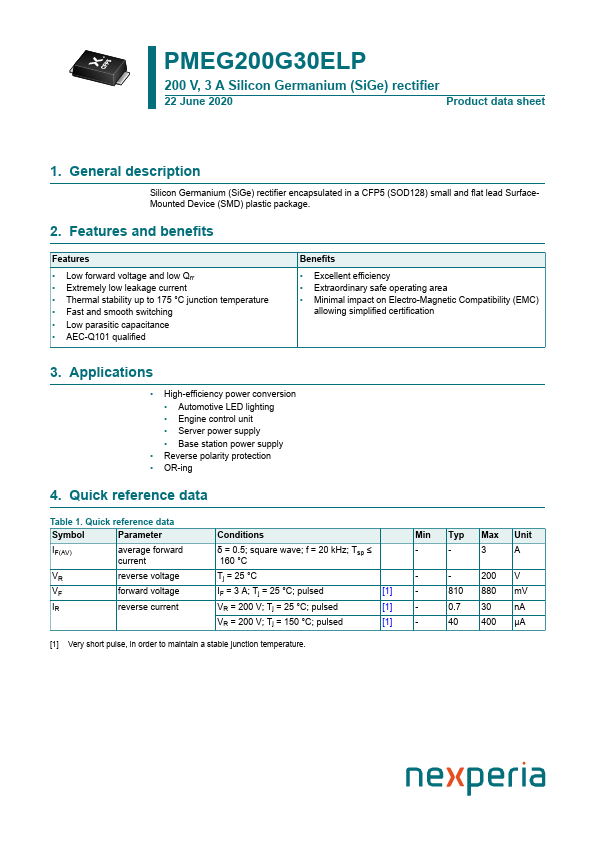 PMEG200G30ELP 200V 3A Silicon Germanium rectifier by nexperia - Datasheet Preview