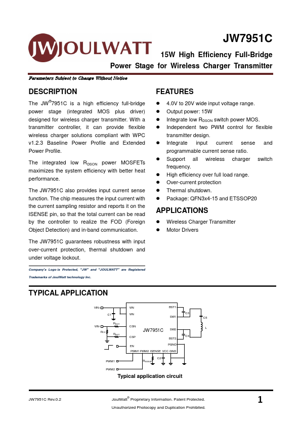 JW7951C 15W High Efficiency Full-Bridge Power Stage by JoulWatt - Datasheet Preview