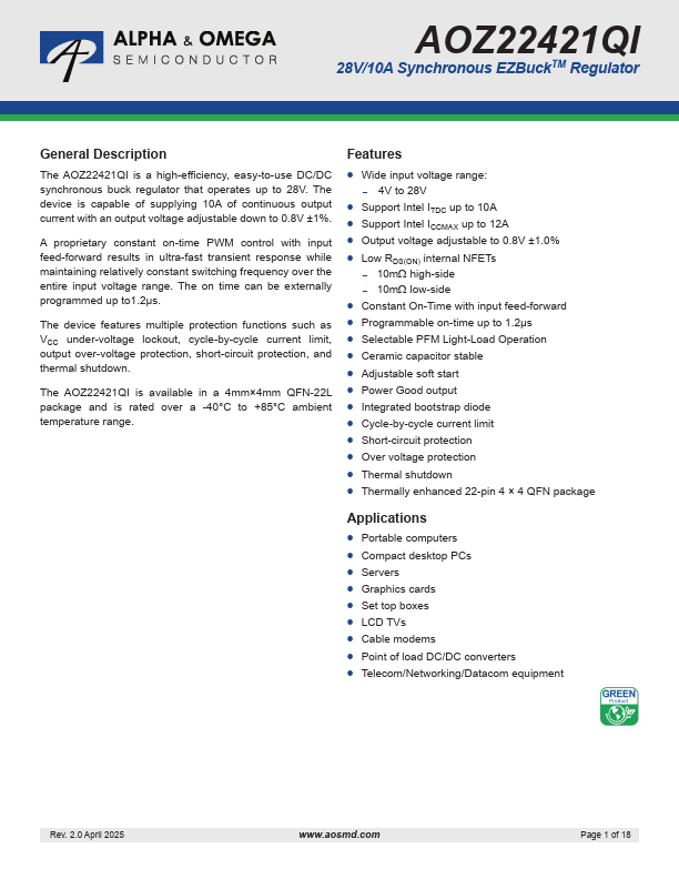AOZ22421QI 28V/10A Synchronous Regulator by Alpha & Omega Semiconductors - Datasheet Preview