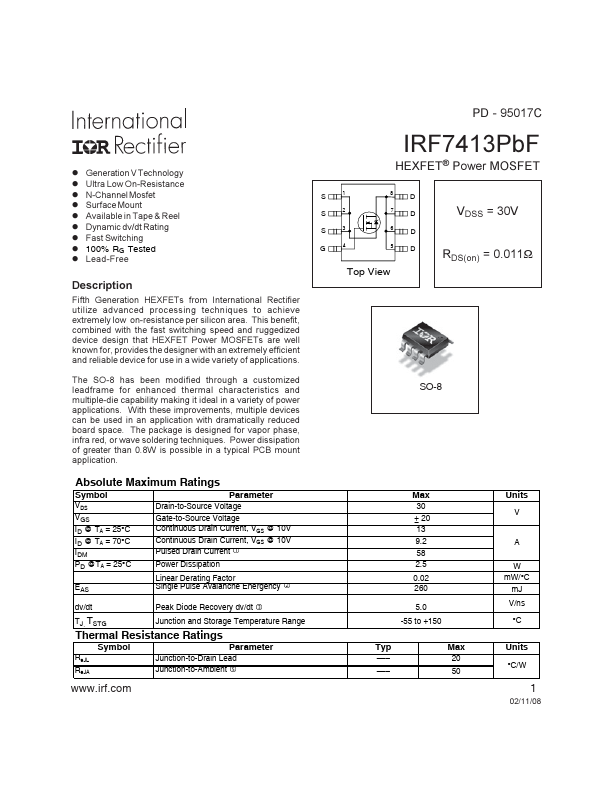 IRF7413 Power MOSFET by International Rectifier - Datasheet Preview