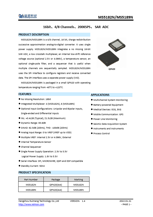 MS5189N 16bit 4/8-Channel SAR ADC by Ruimeng - Datasheet Preview