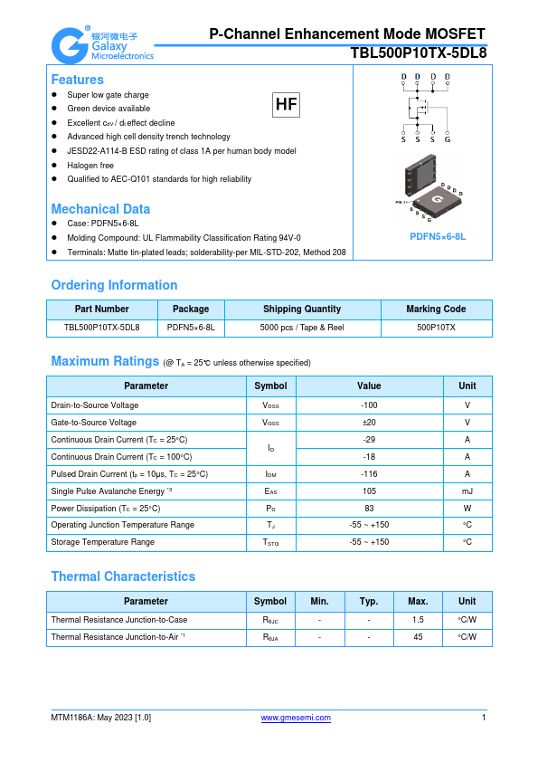 TBL500P10TX-5DL8 P-Channel Enhancement Mode MOSFET by GME - Datasheet Preview