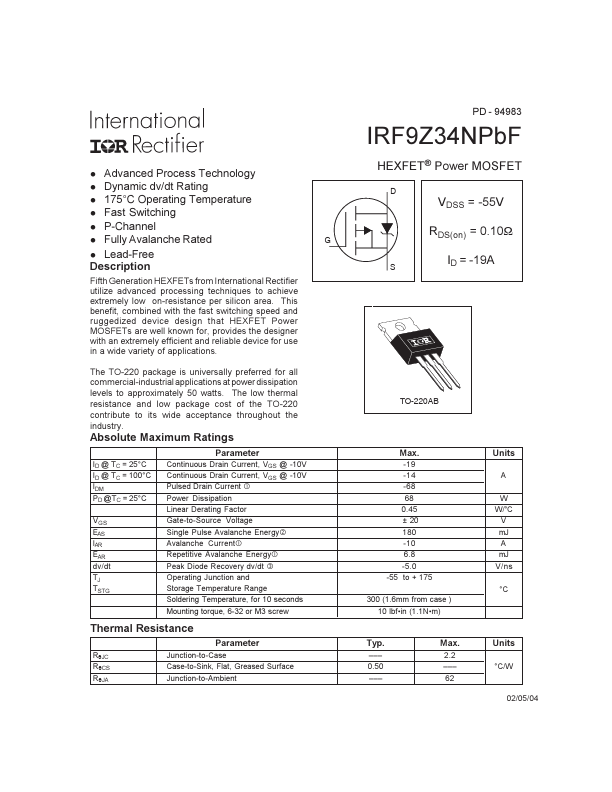 IRF9Z34NPbF Datasheet Preview