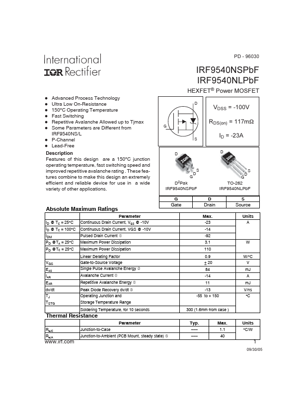 IRF9540NLPbF Power MOSFET by International Rectifier - Datasheet Preview