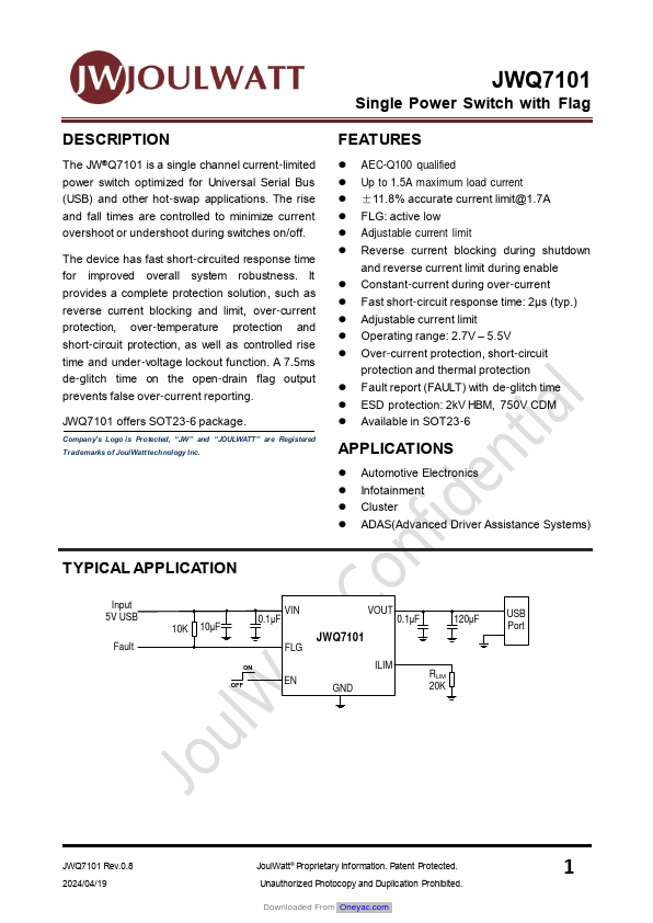 JWQ7101 Single Power Switch by JoulWatt - Datasheet Preview