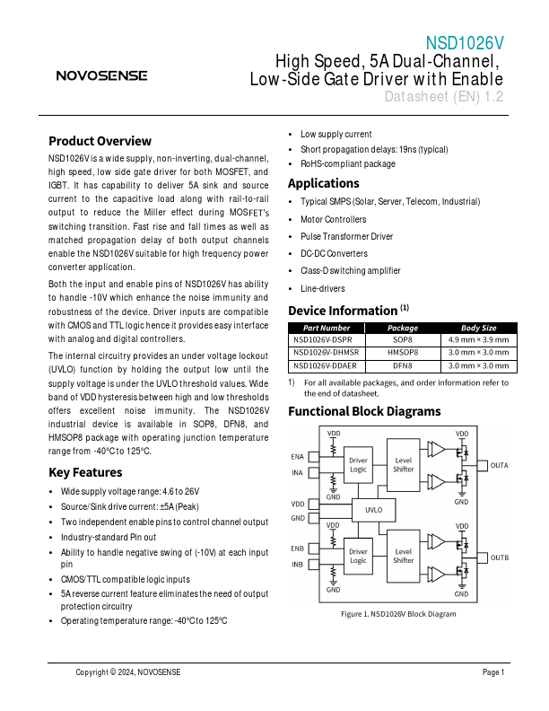 NSD1026V High Speed 5A Dual-Channel Low-Side Gate Driver by NOVOSENSE - Datasheet Preview