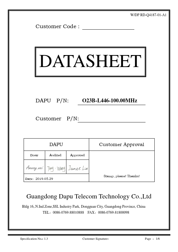 O23B-L446 OCXO Crystal Oscillator by Dapu Telecom - Datasheet Preview