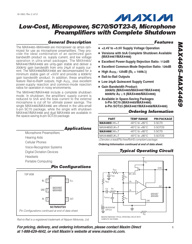 MAX4469 Low-Cost Micropower Microphone Preamplifiers by Maxim Integrated - Datasheet Preview