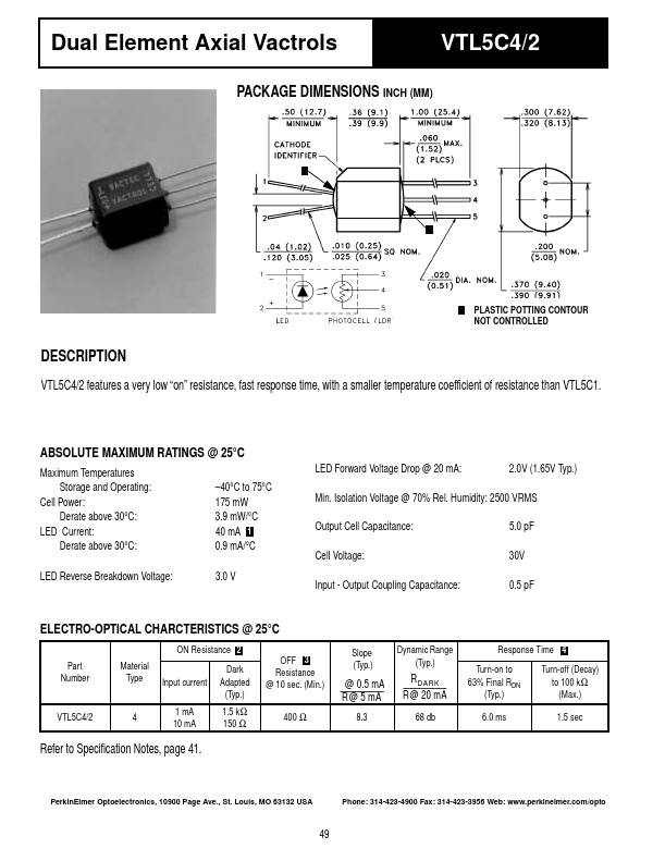 VTL5C4-2 Dual Element Axial Vactrols by PerkinElmer Optoelectronics - Datasheet Preview
