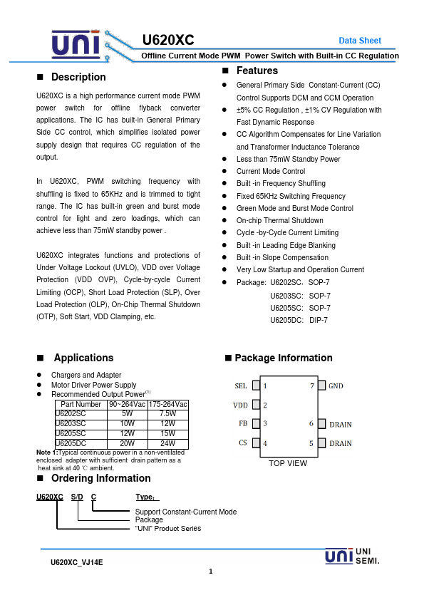 U6205SC Offline Current Mode PWM Power Switch by UNI SEMI - Datasheet Preview