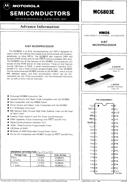 MC6803E 8-BIT MICROPROCESSOR by Motorola - Datasheet Preview