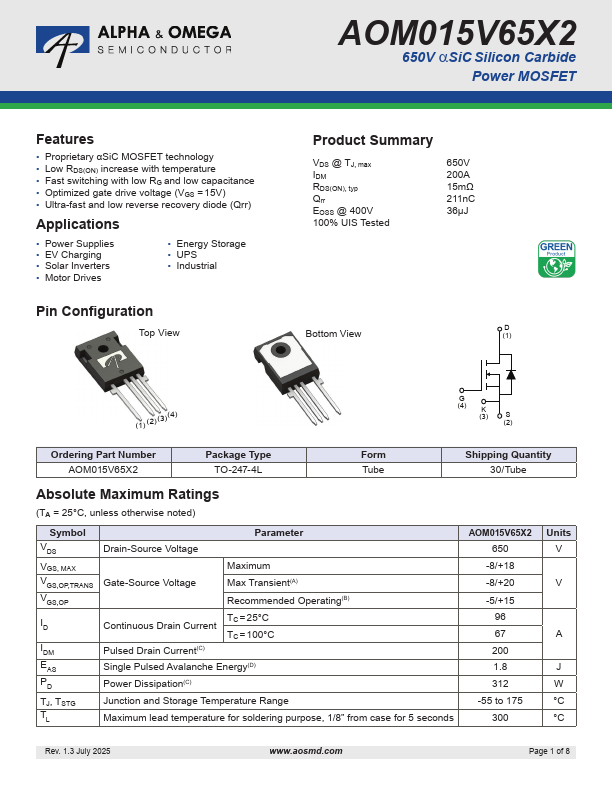 AOM015V65X2 650V Silicon Carbide Power MOSFET by Alpha & Omega Semiconductors - Datasheet Preview